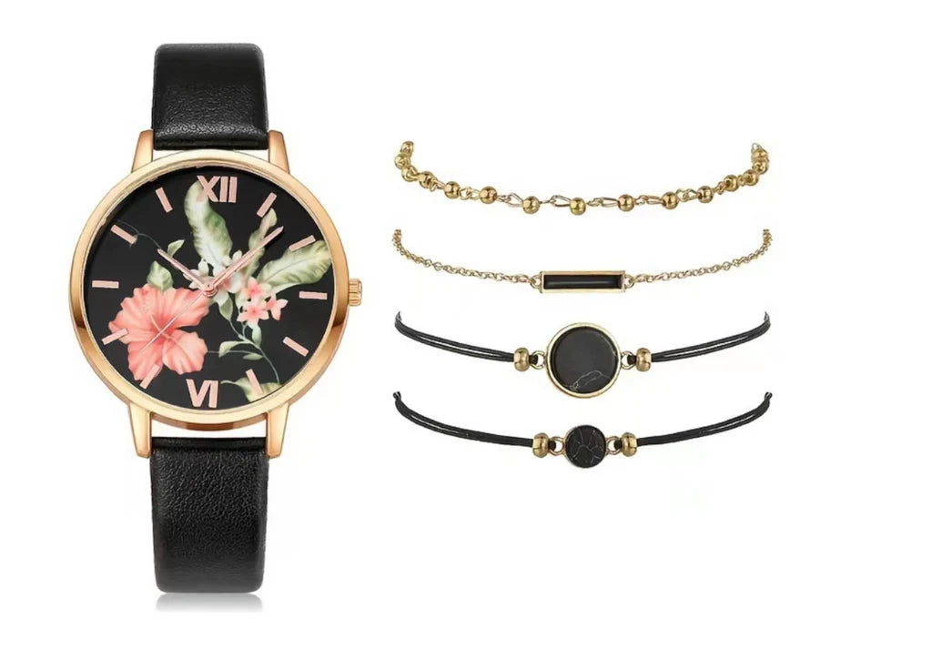 Flower Sleek Watch with Bracelet - Set of 5
